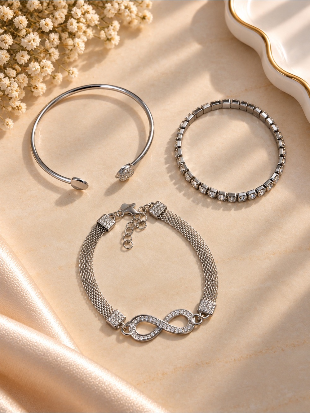 Silver Infinity Mesh Bracelet with Sparkling Accents - Women Jewelry